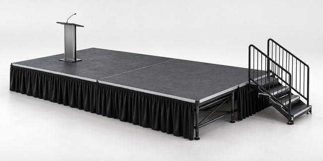 3D render of a black stage platform with a black skirt, a lectern on the deck and a steel stair with handrails at the right end
