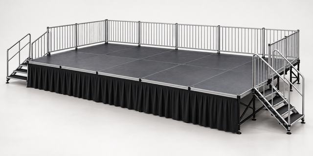 3D render of a black stage with a black skirt, steel guardrails along the back and sides, and stairs at the left and right