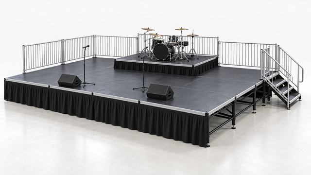 3D render of a black stage with a small raised drum riser at the back, a microphone stand, two floor monitor speakers, guardrails and a stair at the right