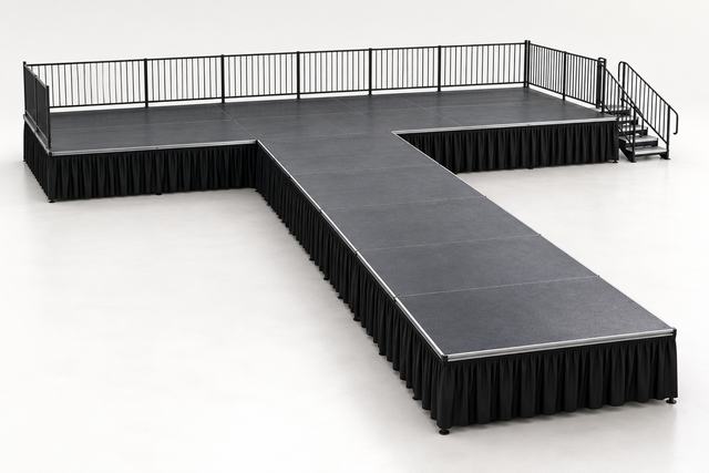 3D render of a T-shaped black stage: a wide deck across the back with a long runway deck coming forward from its middle, guardrails at the back and a small stair at the right