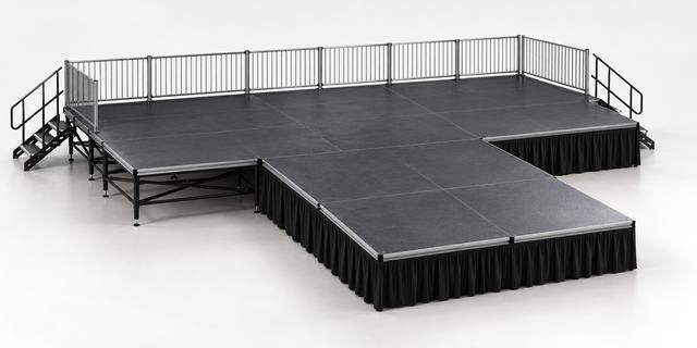 3D render of a black stage with a wide rear deck and a deck coming forward from the middle, guardrails at the back and sides, and stairs at the left and right