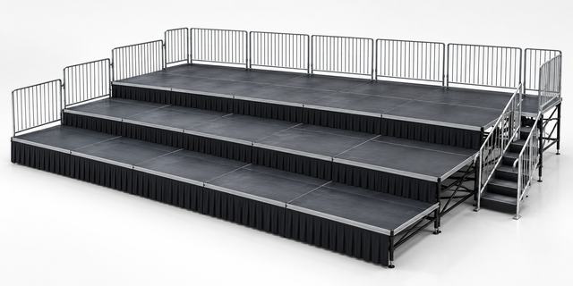 3D render of a black stage in three tiers rising towards the back, each with a black skirt, with guardrails and stairs at the right
