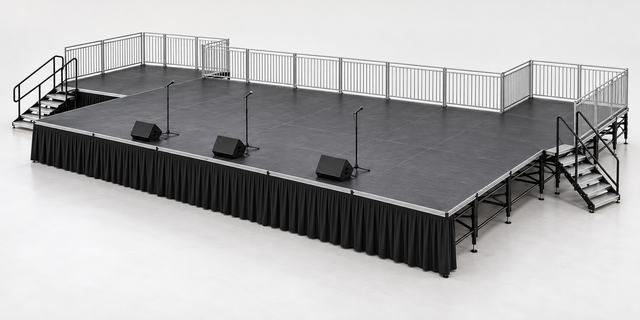3D render of a wide black stage with three microphone stands and floor monitor speakers, guardrails along the back and stairs at both ends