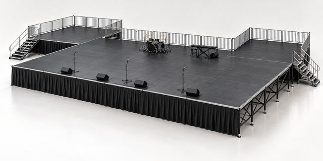 3D render of a large black stage with a stepped outline, a drum kit, microphone stands and floor monitor speakers, guardrails and stairs at both ends