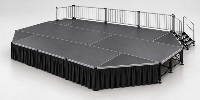 3D render of a black stage platform with angled corners, guardrails along the back and a stair at the right