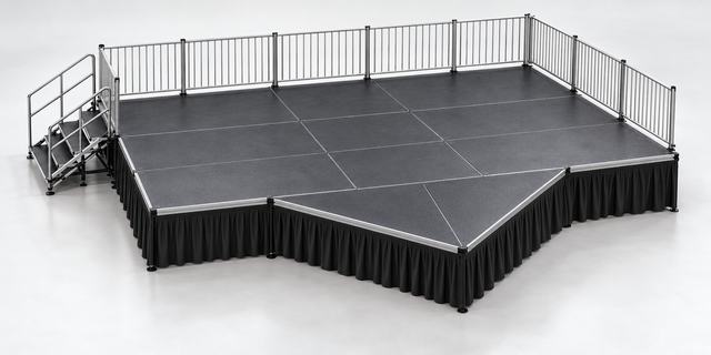 3D render of a black stage with an angled, arrowhead-shaped front edge, guardrails along the back and a stair at the left