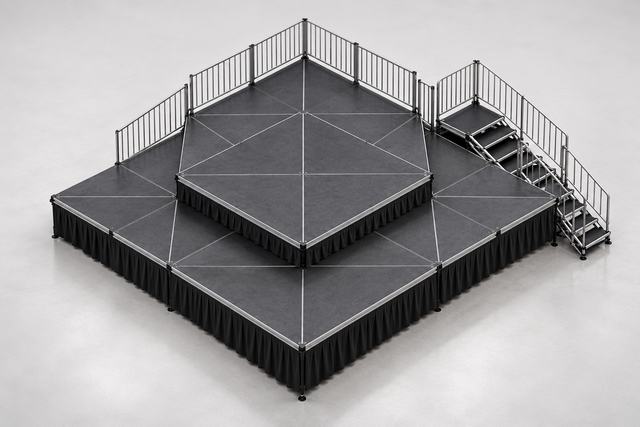 3D render of a two-level black stage: a diamond-shaped raised deck with guardrails on a larger angled base, with a stair at the right