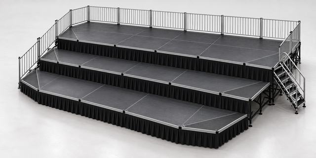 3D render of a black stage in three tiers with angled front edges, guardrails and stairs at the right