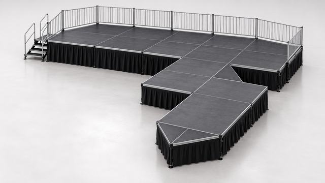 3D render of a black stage with a wide rear deck and a zig-zag runway coming forward from it, guardrails at the back and stairs at the left