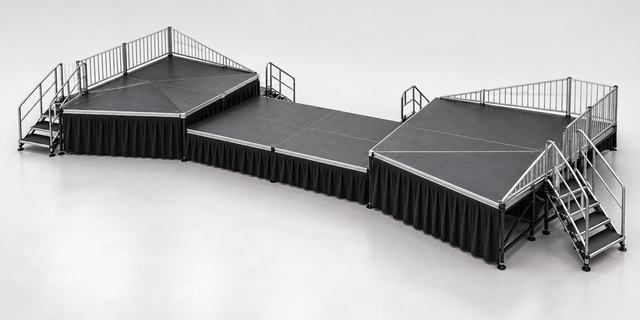 3D render of a black stage made of three angled sections at different heights, with guardrails and stairs at both ends