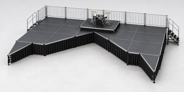 3D render of a black stage with a pointed, chevron-shaped front edge, a small raised drum riser at the back, guardrails and stairs at both sides