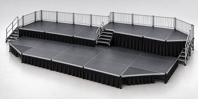 3D render of a black stage on two levels: a raised rear deck with guardrails above a lower front deck, joined by a short stair