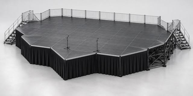 3D render of a wide black stage with angled front edges, two microphone stands on the deck, guardrails and stairs at both ends