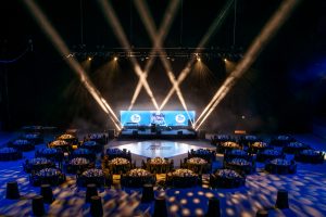 A beautiful white gloss dance floor with logo.